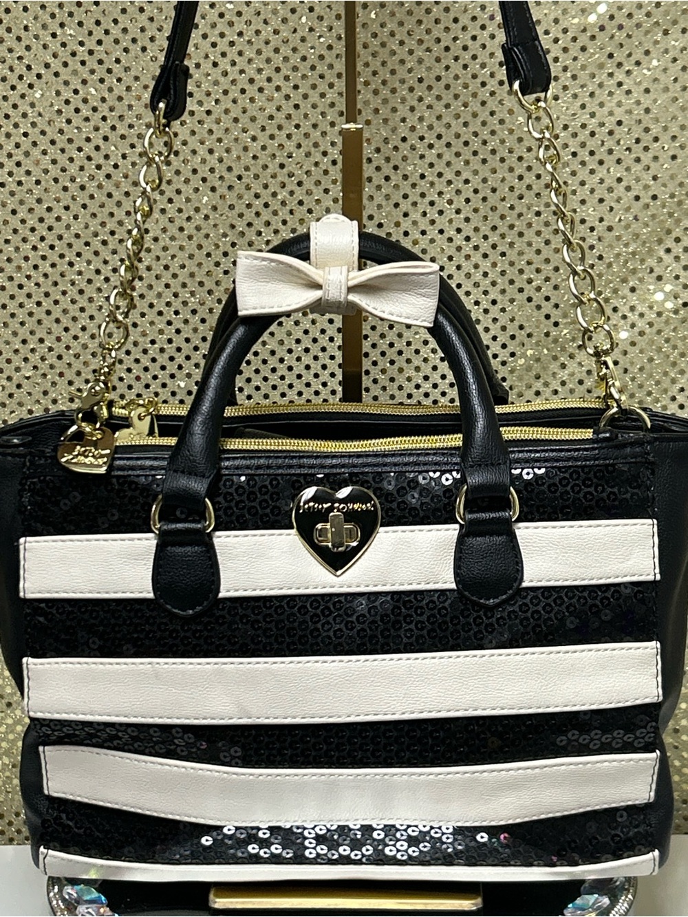 Betsey Johnson Black & White Striped Sequin Satchel Bag w/Bow Approx. 11 x 8 x 4